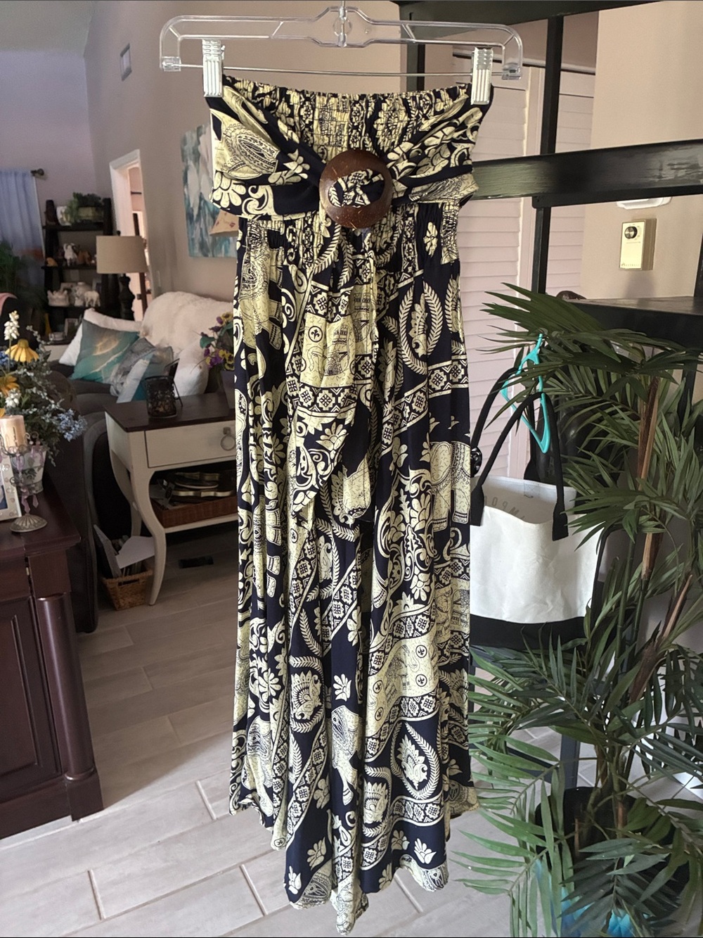 India Boutique Black and Cream Strapless Patterned Maxi Dress with Wood Buckle